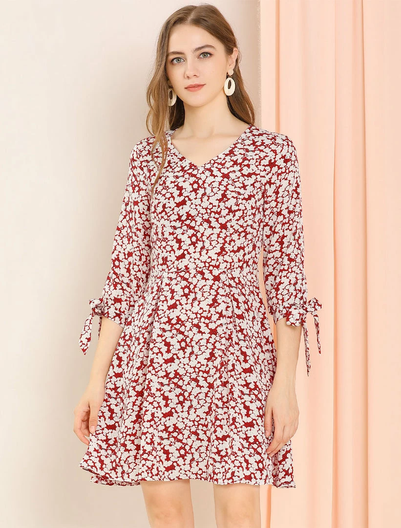 Allegra K Women's Floral Printed Bow Tie V Neck 3/4 Sleeve Above Knee Elegant Dress 7 Allegra K Women's Floral Printed Bow Tie V Neck 3/4 Sleeve Above Knee Elegant Dress