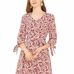 Allegra K Women's Floral Printed Bow Tie V Neck 3/4 Sleeve Above Knee Elegant Dress