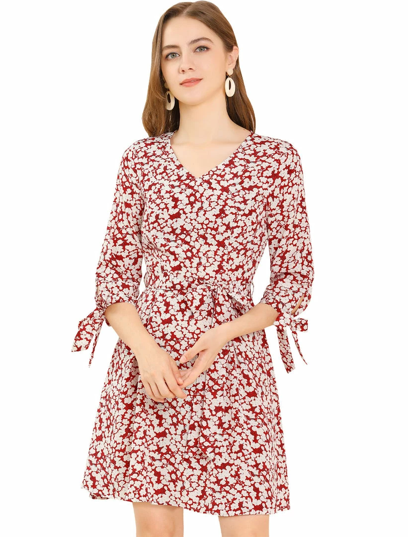 Allegra K Women's Floral Printed Bow Tie V Neck 3/4 Sleeve Above Knee Elegant Dress 3 Allegra K Women's Floral Printed Bow Tie V Neck 3/4 Sleeve Above Knee Elegant Dress