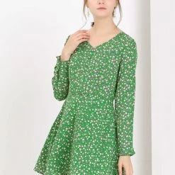 Allegra K Women's Floral Print V Neck Casual A-Line Dress With Belt