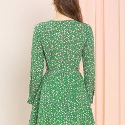 Allegra K Women's Floral Print V Neck Casual A-Line Dress With Belt