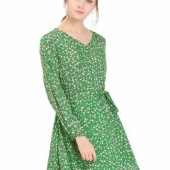 Allegra K Women's Floral Print V Neck Casual A-Line Dress With Belt