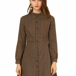 Allegra K Women's Vintage Check Ruffle Neck Button Down Long Sleeve A-Line Dress