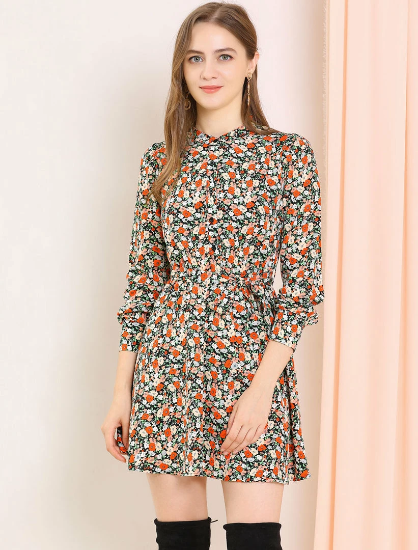 Allegra K Women's Button Half Placket Long Sleeve Mini Fit And Flare Floral Dress 4 Allegra K Women's Button Half Placket Long Sleeve Mini Fit And Flare Floral Dress