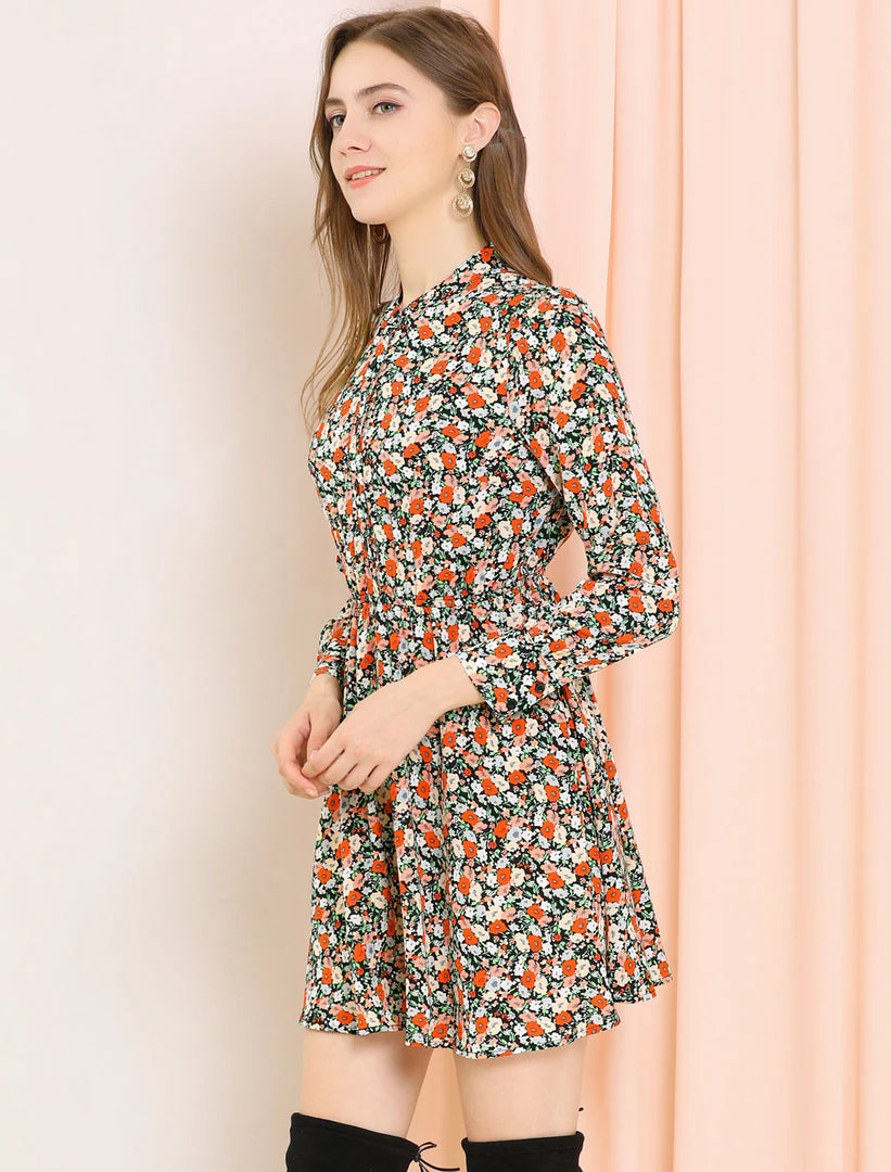 Allegra K Women's Button Half Placket Long Sleeve Mini Fit And Flare Floral Dress 6 Allegra K Women's Button Half Placket Long Sleeve Mini Fit And Flare Floral Dress