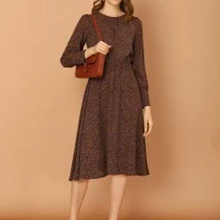 Allegra K Women's Puff Sleeve Dress Fit And Flare Round Neck Floral Dresses