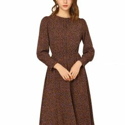 Allegra K Women's Puff Sleeve Dress Fit And Flare Round Neck Floral Dresses