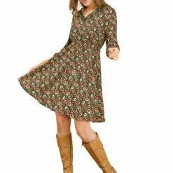 Allegra K Women's Vintage Floral Ruffle V Neck 3/4 Sleeves Dress