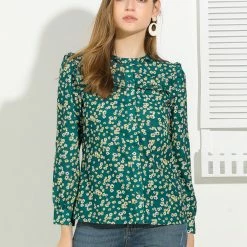 Allegra K Boho Daisy Floral Ruffled Neck Long Sleeve Tops Blouses