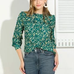 Allegra K Boho Daisy Floral Ruffled Neck Long Sleeve Tops Blouses