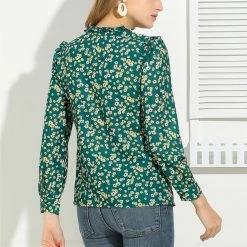 Allegra K Boho Daisy Floral Ruffled Neck Long Sleeve Tops Blouses