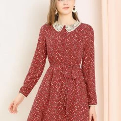 Allegra K Women's Peter Pan Collar Lace Trim Button Long Sleeves Floral Shirt Dress With Belt 34 Allegra K Women's Peter Pan Collar Lace Trim Button Long Sleeves Floral Shirt Dress With Belt