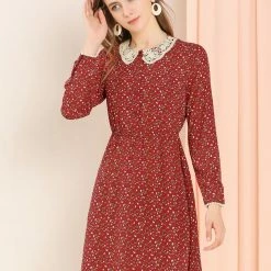 Allegra K Women's Peter Pan Collar Lace Trim Button Long Sleeves Floral Shirt Dress With Belt 35 Allegra K Women's Peter Pan Collar Lace Trim Button Long Sleeves Floral Shirt Dress With Belt