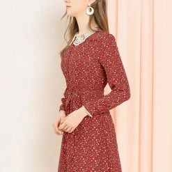 Allegra K Women's Peter Pan Collar Lace Trim Button Long Sleeves Floral Shirt Dress With Belt 36 Allegra K Women's Peter Pan Collar Lace Trim Button Long Sleeves Floral Shirt Dress With Belt