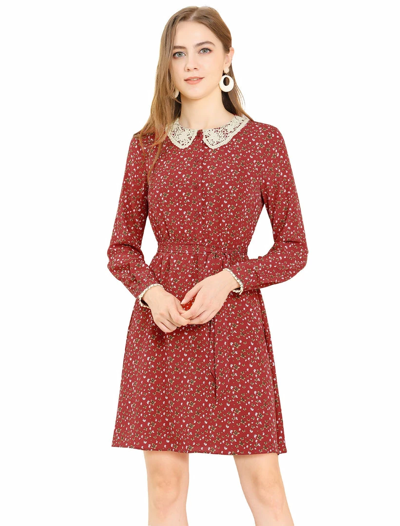 Allegra K Women's Peter Pan Collar Lace Trim Button Long Sleeves Floral Shirt Dress With Belt 3 Allegra K Women's Peter Pan Collar Lace Trim Button Long Sleeves Floral Shirt Dress With Belt