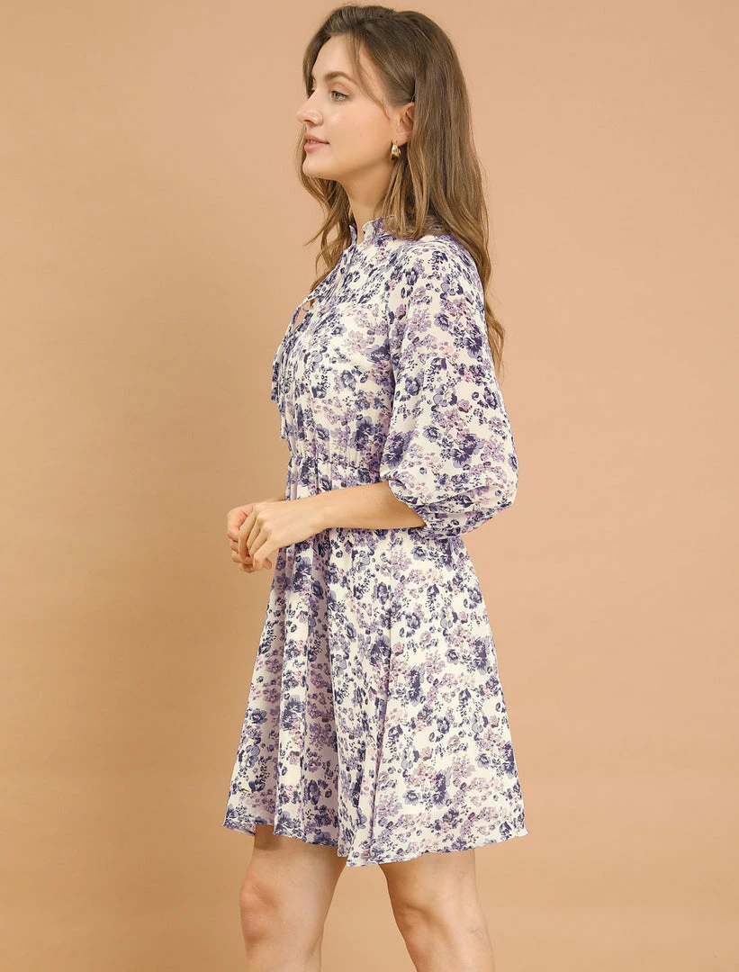 Allegra K Women's Tie Slit Ruffle Neck Bubble Sleeve Elastic Waist Boho Floral Dress 6 Allegra K Women's Tie Slit Ruffle Neck Bubble Sleeve Elastic Waist Boho Floral Dress