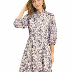 Allegra K Women's Tie Slit Ruffle Neck Bubble Sleeve Elastic Waist Boho Floral Dress