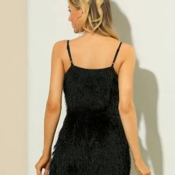 Allegra K Women's Spaghetti Strap Fringe Sequin Flapper Party Night Mini Dress