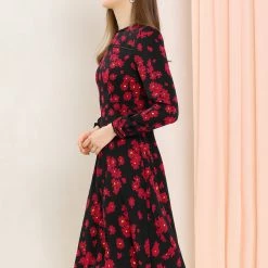 Allegra K Women's Floral Print Lace Trim Round Neck Elegant Puff Sleeve Mini Dress