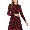 Allegra K Women's Floral Print Lace Trim Round Neck Elegant Puff Sleeve Mini Dress