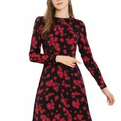 Allegra K Women's Floral Print Lace Trim Round Neck Elegant Puff Sleeve Mini Dress