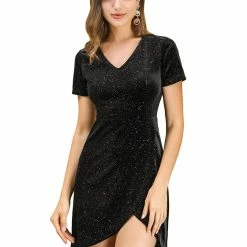 Allegra K Women's Velvet V-Neck Short Sleeve Sparkle Glitter Shiny Party Mini Dress