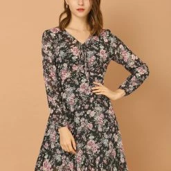 Allegra K Women's Vintage Tie Neck Long Sleeves Casual Bronzing Floral Dress