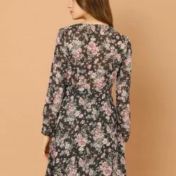 Allegra K Women's Vintage Tie Neck Long Sleeves Casual Bronzing Floral Dress