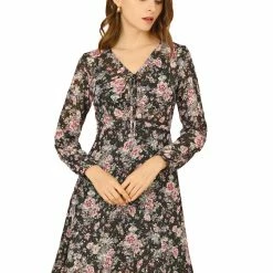 Allegra K Women's Vintage Tie Neck Long Sleeves Casual Bronzing Floral Dress