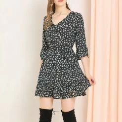 Allegra K Women's Ruffle Sleeve V Neck Elastic Waist A-Line Floral Mini Dress