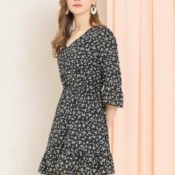 Allegra K Women's Ruffle Sleeve V Neck Elastic Waist A-Line Floral Mini Dress