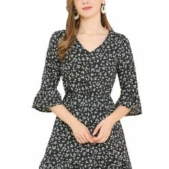 Allegra K Women's Ruffle Sleeve V Neck Elastic Waist A-Line Floral Mini Dress