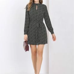 Allegra K Women's Dots Long Sleeve Mock Neck Keyhole Tie Waist A-line Dress 18 Allegra K Women's Dots Long Sleeve Mock Neck Keyhole Tie Waist A-line Dress