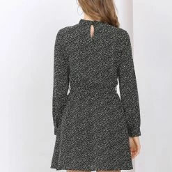 Allegra K Women's Dots Long Sleeve Mock Neck Keyhole Tie Waist A-line Dress 20 Allegra K Women's Dots Long Sleeve Mock Neck Keyhole Tie Waist A-line Dress