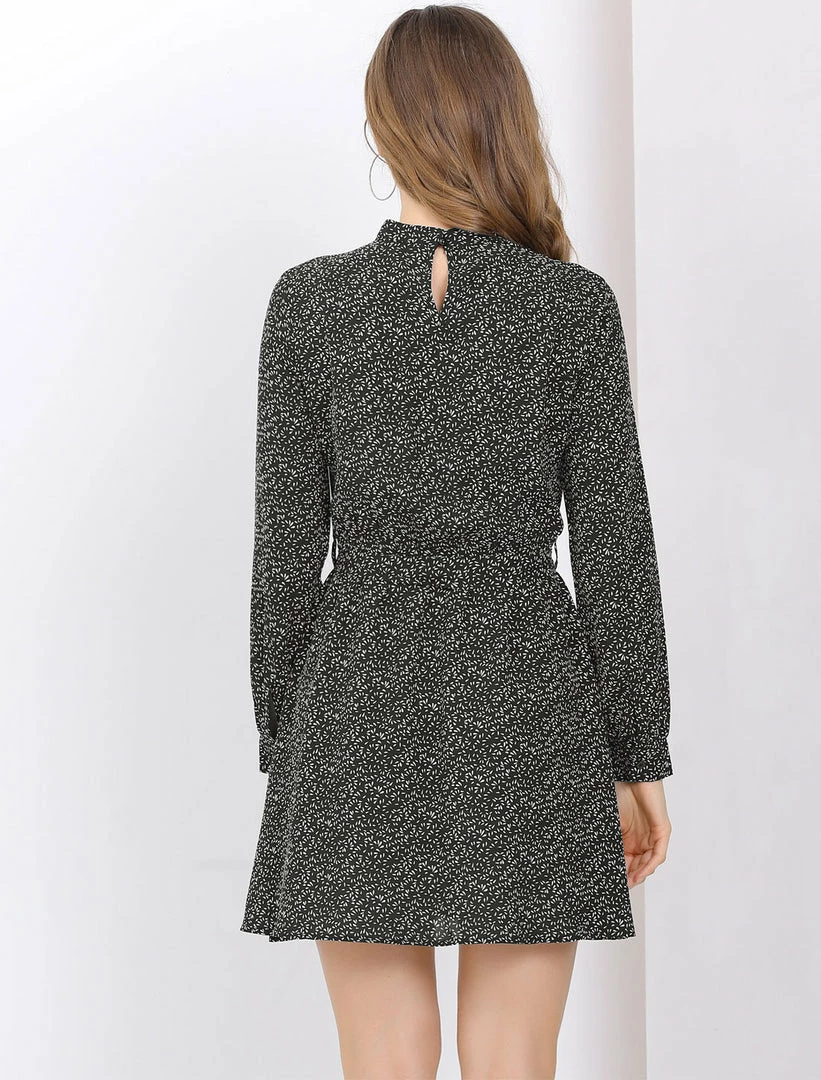 Allegra K Women's Dots Long Sleeve Mock Neck Keyhole Tie Waist A-line Dress 7 Allegra K Women's Dots Long Sleeve Mock Neck Keyhole Tie Waist A-line Dress