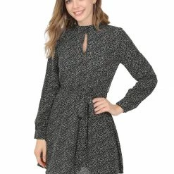 Allegra K Women's Dots Long Sleeve Mock Neck Keyhole Tie Waist A-line Dress