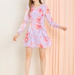 Allegra K Women's Floral Print V Neck Ruffle Front Belted Flowy Dress 24 Allegra K Women's Floral Print V Neck Ruffle Front Belted Flowy Dress