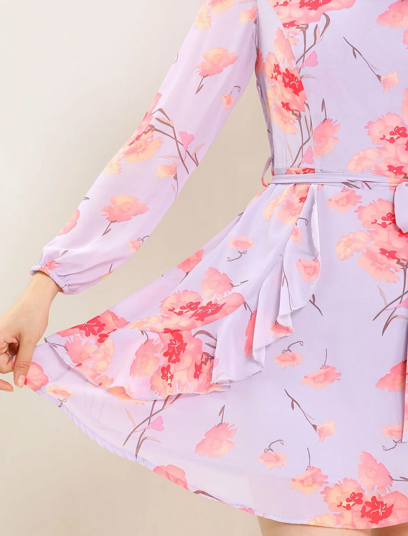 Allegra K Women's Floral Print V Neck Ruffle Front Belted Flowy Dress 8 Allegra K Women's Floral Print V Neck Ruffle Front Belted Flowy Dress