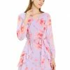Allegra K Women's Floral Print V Neck Ruffle Front Belted Flowy Dress