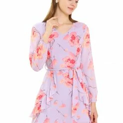 Allegra K Women's Floral Print V Neck Ruffle Front Belted Flowy Dress