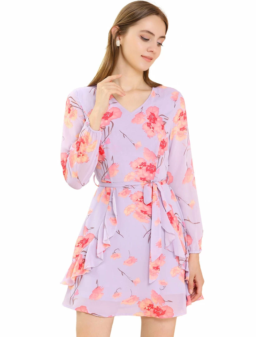 Allegra K Women's Floral Print V Neck Ruffle Front Belted Flowy Dress 3 Allegra K Women's Floral Print V Neck Ruffle Front Belted Flowy Dress