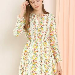 Allegra K Women's Ruffle Flower Boho 3/4 Sleeve Floral Print Vintage Tie Waist Mini Dress