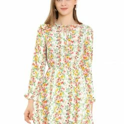 Allegra K Women's Ruffle Flower Boho 3/4 Sleeve Floral Print Vintage Tie Waist Mini Dress
