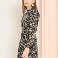 Allegra K Women's Ruffle Stand Collar Belted Floral Keyhole Back Half Lined Elastic Waist Dress