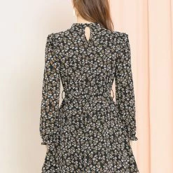 Allegra K Women's Ruffle Stand Collar Belted Floral Keyhole Back Half Lined Elastic Waist Dress