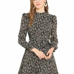 Allegra K Women's Ruffle Stand Collar Belted Floral Keyhole Back Half Lined Elastic Waist Dress