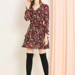 Allegra K Women's Casual Long Sleeve V Neck Elastic Waist Ruffle Hem A Line Floral Dress With Belt