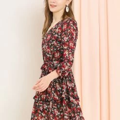 Allegra K Women's Casual Long Sleeve V Neck Elastic Waist Ruffle Hem A Line Floral Dress With Belt