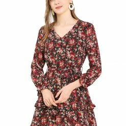 Allegra K Women's Casual Long Sleeve V Neck Elastic Waist Ruffle Hem A Line Floral Dress With Belt