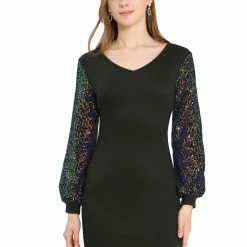 Allegra K Women's Metallic Sequin Long Sleeve V Neck Shiny Contrast Color Mini Dress